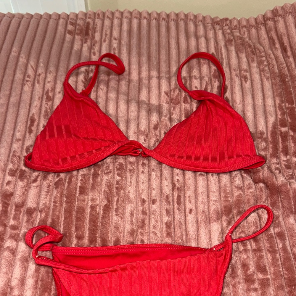 La Hearts Red Ribbed Triangle Bikini Set